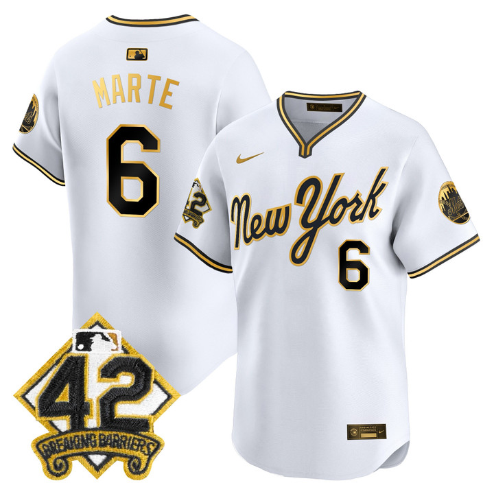 New York Mets 2025 Jackie Robinson Patch Road Alternate Jersey  White Gold Starling Marte
